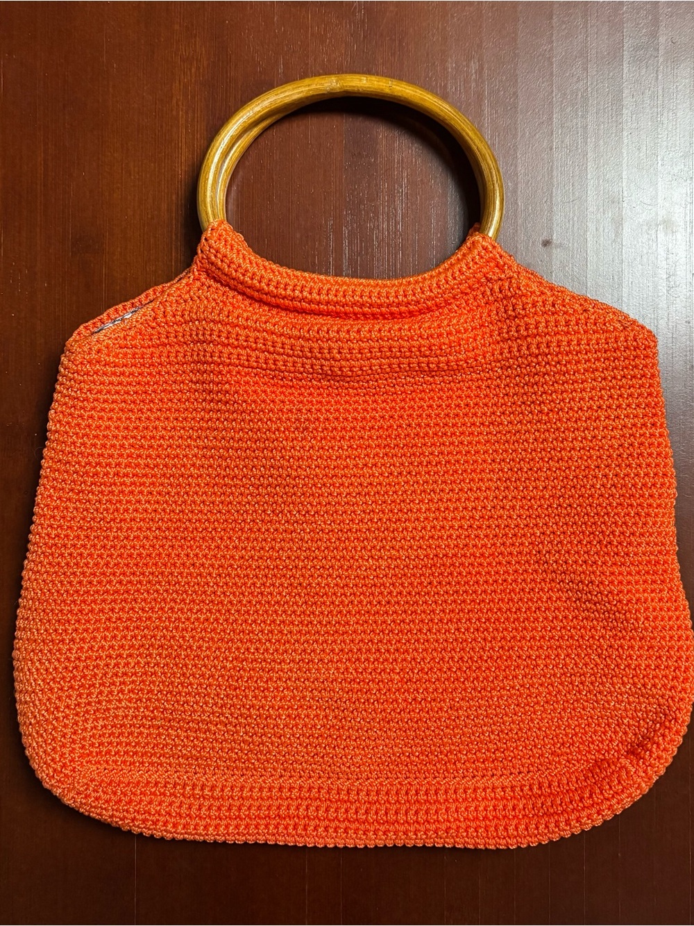 Handmade Orange Crochet Tote with Wooden Handles